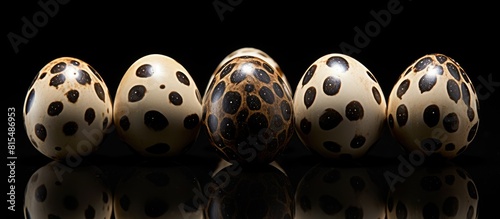 Closeup image of eight quail eggs arranged in a flower shape against a black background providing ample copy space