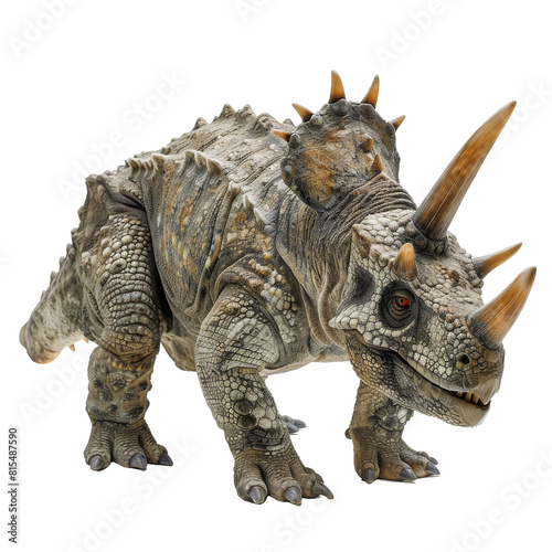 A grey dinosaur with three horns on its head and a bony frill around its neck.