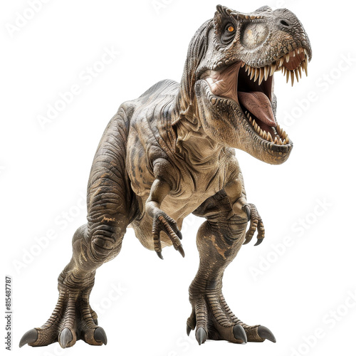 A large  realistic dinosaur with sharp teeth and claws stands on all fours  looking at the viewer with a menacing expression.