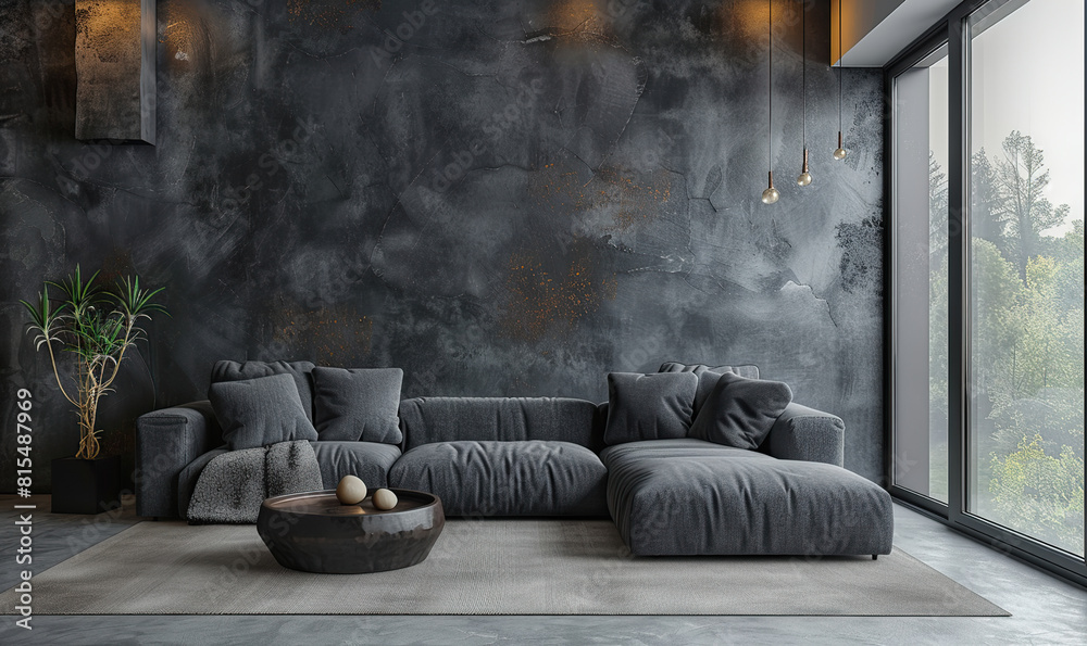 Elegant living room with grey sofa, armchair, and indoor plants by a ...