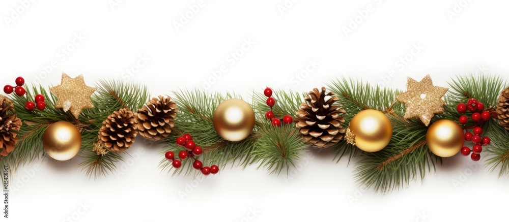 An isolated Christmas border on white featuring fresh fir branches red and gold ornaments and cones creating a copy space image An isolated Christmas border on white featuring fresh fir branches red and gold ornaments and cones creating a copy space image