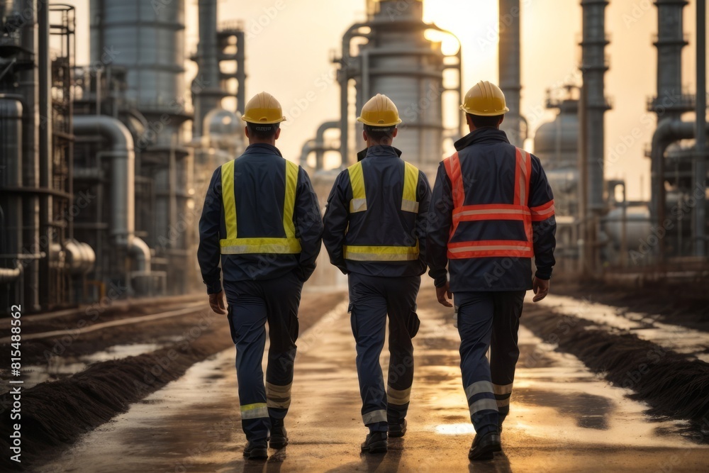 Naklejka premium engineer wearing hat and safety suit checking in factory oil refinery field