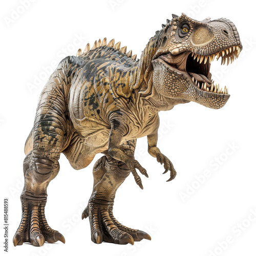 A photo of a realistic T-Rex dinosaur with detailed scales and feathers.