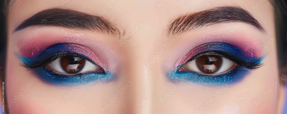 Naklejka premium close-up of a woman's eye adorned with colorful, fine glitter makeup, highlighting the details in her eye.