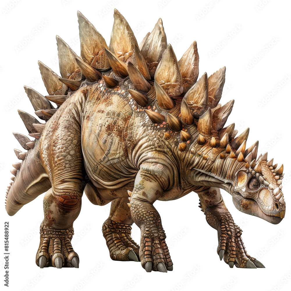 Fototapeta premium A realistic drawing of a dinosaur, looks like a cross between a stegosaurus and a triceratops