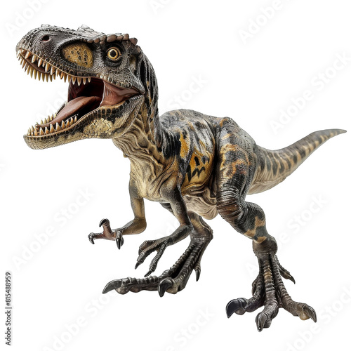 A realistic rendering of a baby raptor dinosaur  with brown and yellow scales and a toothy grin.