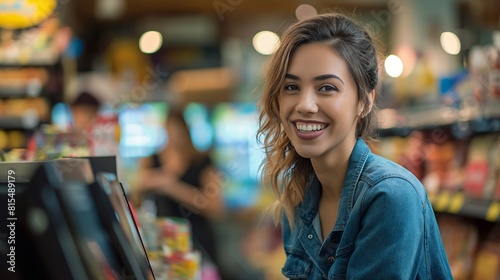 Customer Satisfaction: Woman Smiling While Scanning Items at Self-Checkout Counter. Happy girl does self-shopping in a store