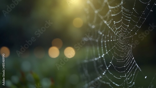 Delicate spider webs glisten with morning dew drops. Catch the light in glistening webs photo