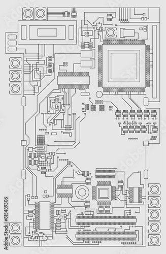 Digital technology printed circuit board diagram. Vector illustration. Sketch for creativity.