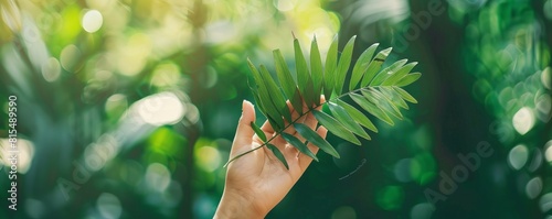 Palm Sunday concept with Christian inspiration quote - Hosanna to the highest. With young woman hand holding fresh fern or palm leaf on blurry green nature photo