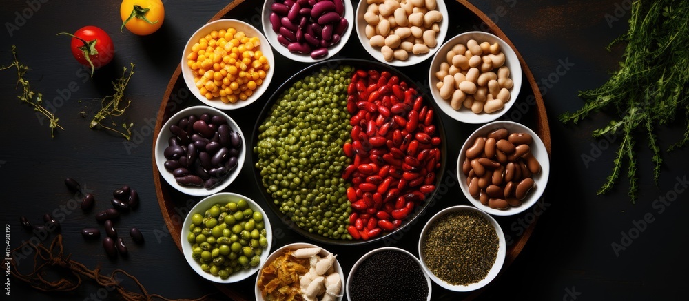 A top view of a lentil based dish with a variety of beans served in a set menu concept is showcased against a food background with ample copy space