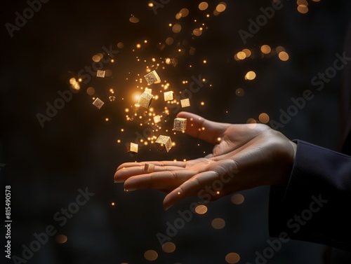 Hand gently holding sparkling magic cubes with glowing lights on a dark background.