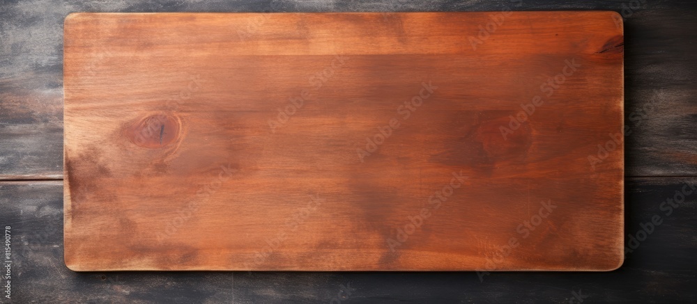 A brown wooden cutting board sits on a dark concrete background creating a visually appealing image with space for text. Creative banner. Copyspace image