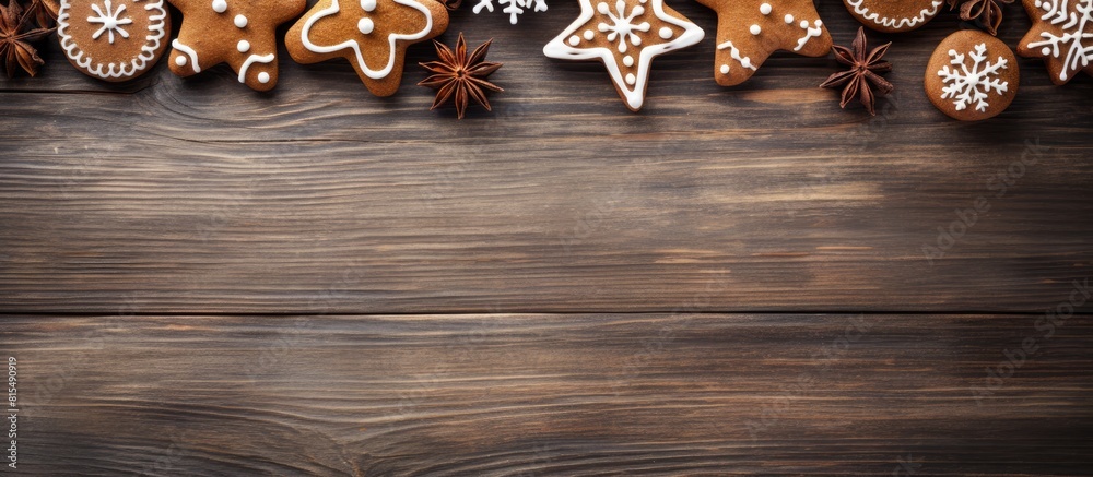 A copy space image featuring rustic wooden background with deliciously baked homemade gingerbread cookies A copy space image featuring rustic wooden background with deliciously baked homemade gingerbread cookies