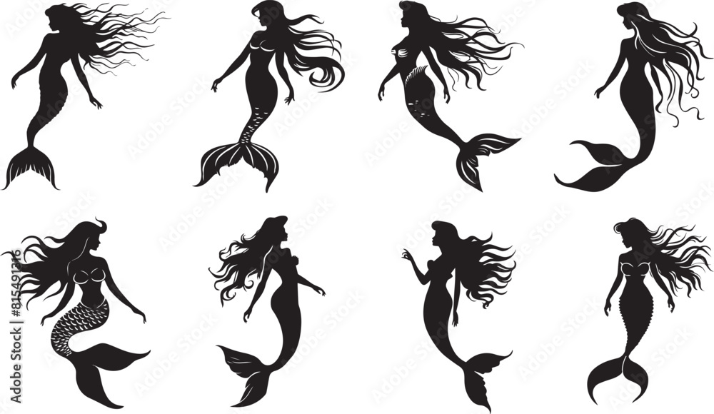 Silhouetted mermaid with varying hairstyles and tail designs, ideal for mythological themes