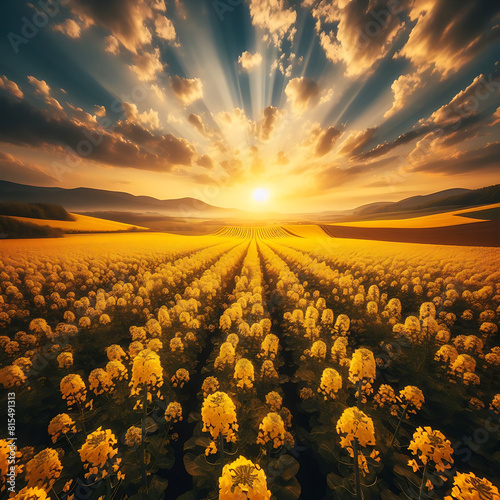 Rapeseed field with yellow flowers and warm sunset tones. bright colorful sunset field canola / bright colors spring landscape. Yellow rapeseed field in the field and picturesque sky with white cloud 