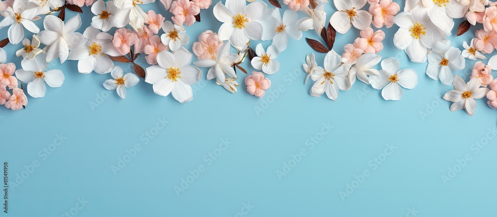 A top view of a floral frame on a blue background with a flat lay perspective and ample copy space in the image A top view of a floral frame on a blue background with a flat lay perspective and ample copy space in the image