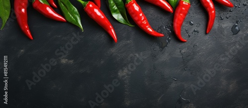 Flat lay of five vibrant red chilli peppers arranged on a sleek black slate board leaving ample room for additional elements in the copy space image