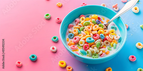 colorful cereal in blue bowl with spoon top view,  photo
