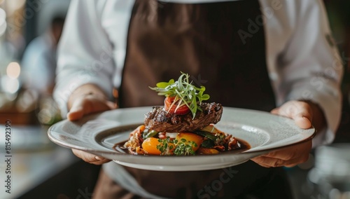 A chef holding out an exquisite dish on a plate.