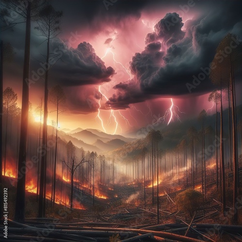 Image of a forest fire with trees engulfed in flames in the woods.Generator AI