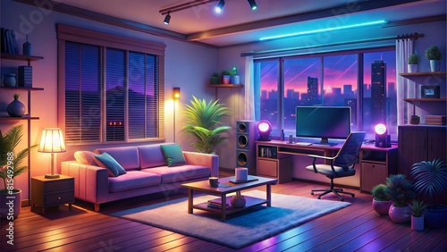 animated virtual backgrounds  stream overlay loop  cozy lo-fi living room at night  vtuber asset twitch zoom OBS screen  anime chill hip hop