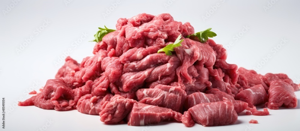 A fresh ground meat mixture of raw beef and lamb showcased as a copy space image against a white background