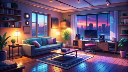 animated virtual backgrounds, stream overlay loop, cozy lo-fi living room at night, vtuber asset twitch zoom OBS screen, anime chill hip hop