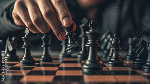 a person moving the black queen on a chessboard, Web banner with space for copy, Business concept design with chess pieces