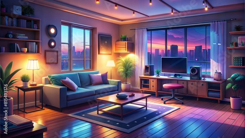 animated virtual backgrounds, stream overlay loop, cozy lo-fi living room at night, vtuber asset twitch zoom OBS screen, anime chill hip hop photo