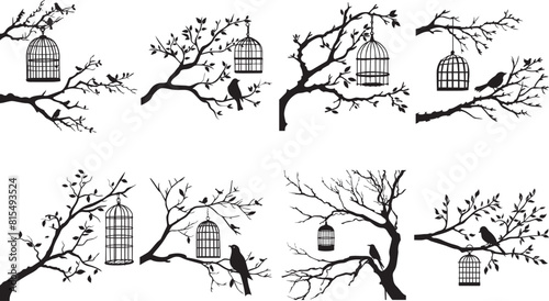 This image includes various branches with empty birdcages, conveying concepts of freedom and nature