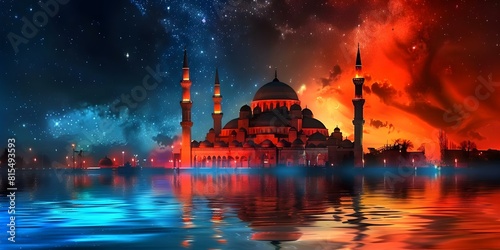 Islamic-Themed Mosque Under Starry Night: Perfect for Ramadan Greeting Card or Wallpaper. Concept Ramadan Greeting Card, Islamic Art, Mosque Night Sky, Starry Night, Wallpaper