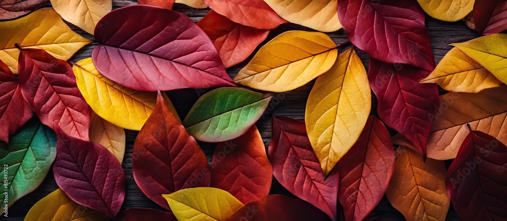 Autumn leaves in vibrant shades of red orange green brown and yellow create a captivating copy space image when viewed from above Autumn leaves in vibrant shades of red orange green brown and yellow create a captivating copy space image when viewed from above