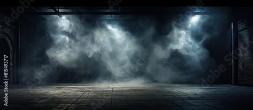 Dark room with empty walls dim lights swirling smoke glowing rays and abundant copy space image photo