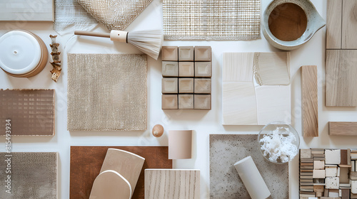 Elegant  flat lay composition in brown and beige color palette with textile and paint samples lamella panels and tiles Architect and interior designer moodboard Top view Copy space : Generative AI