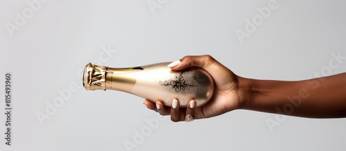 A copy space image of a woman s hands grasping a Champagne bottle against a white backdrop