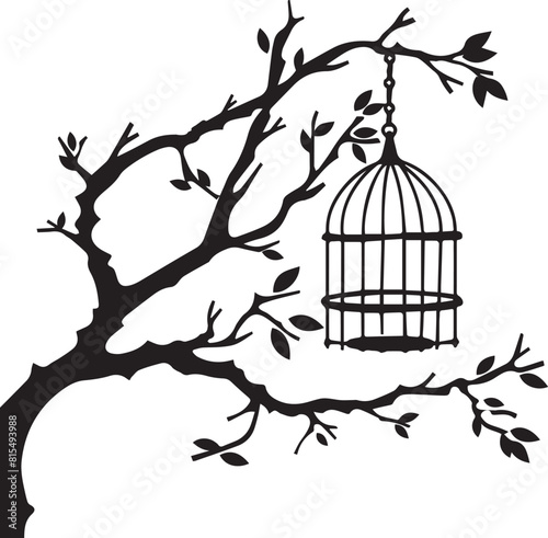This image includes various branches with empty birdcages, conveying concepts of freedom and nature