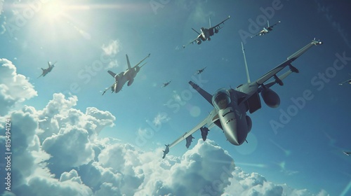 A squadron of fighter jets is flying in close formation photo