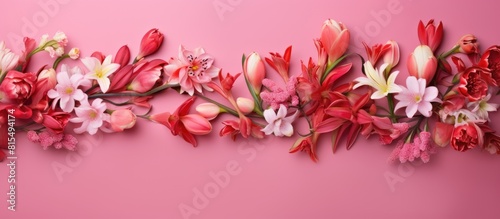 A floral arrangement with red Flam boyant flowers on a pink backdrop creating a pattern The image has copy space and represents the concepts of Easter spring and summer The view is from above in a fl