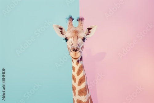 A playful composition of a cute giraffe's head against a split pink and blue background.