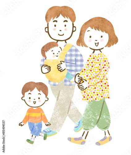 3人目妊娠中のママと次男を抱っこするパパとお兄ちゃんの4人家族の手描きイラスト