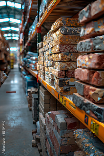 Stacks of bricks for sale in a hardware store warehouse.