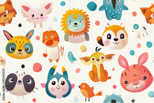 Set of funny animals. Cute animals in a cartoon style. Seamless pattern.
