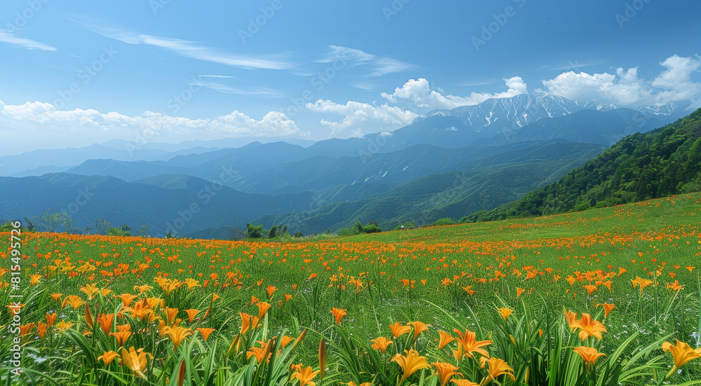 A large field covered with Daylily is located on top of beautiful mountains and under blue sky clouds. Generative AI.