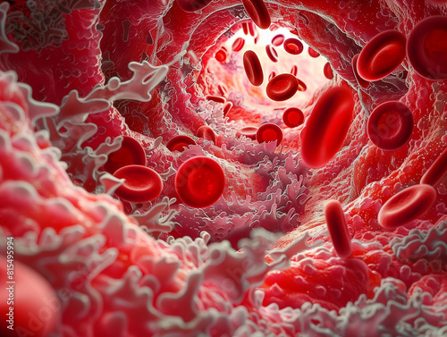 intricate view inside a human blood vessel, where a multitude of red blood cells.