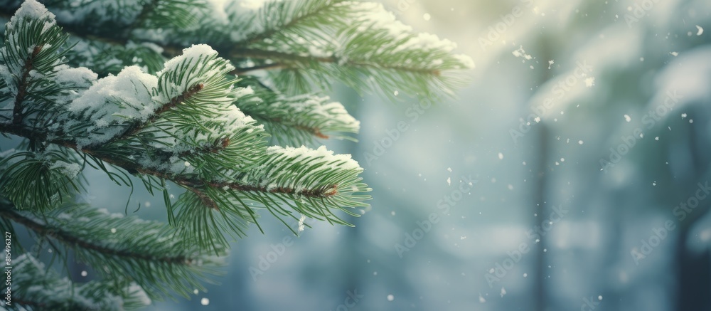 A picturesque wintry scene featuring a green pine branch dusted with snow set amidst the tranquility of a forest Perfect for a copy space image A picturesque wintry scene featuring a green pine branch dusted with snow set amidst the tranquility of a forest Perfect for a copy space image