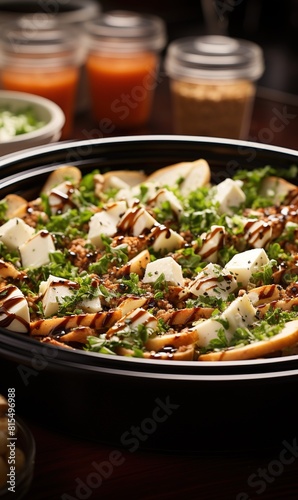 Cardboard bowl container with fresh caprese salad. Food delivery, zero waste, recycling packaging