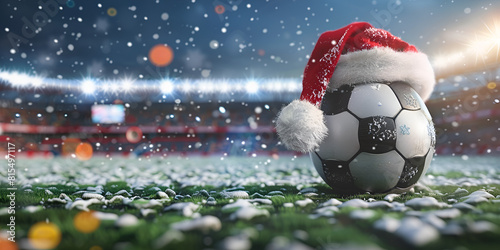 Soccer ball in a stadium with the Christmas hat
soccer ball on the grass.  photo