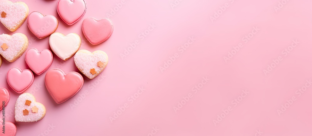 A Valentine s Day composition featuring heart shaped cookies displayed on a pastel pink background The arrangement is a flat lay with a top view leaving ample copy space in the image