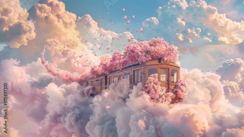 A sky train bedecked with a riot of blossoms glides gracefully across a pastel-hued sky 